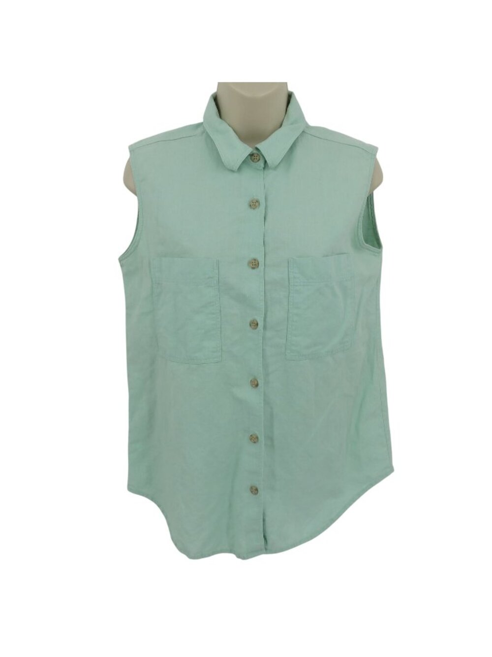 Giorgio Sant Angelo Women Medium Linen Cotton Green Collared Sleeveless Shirt
